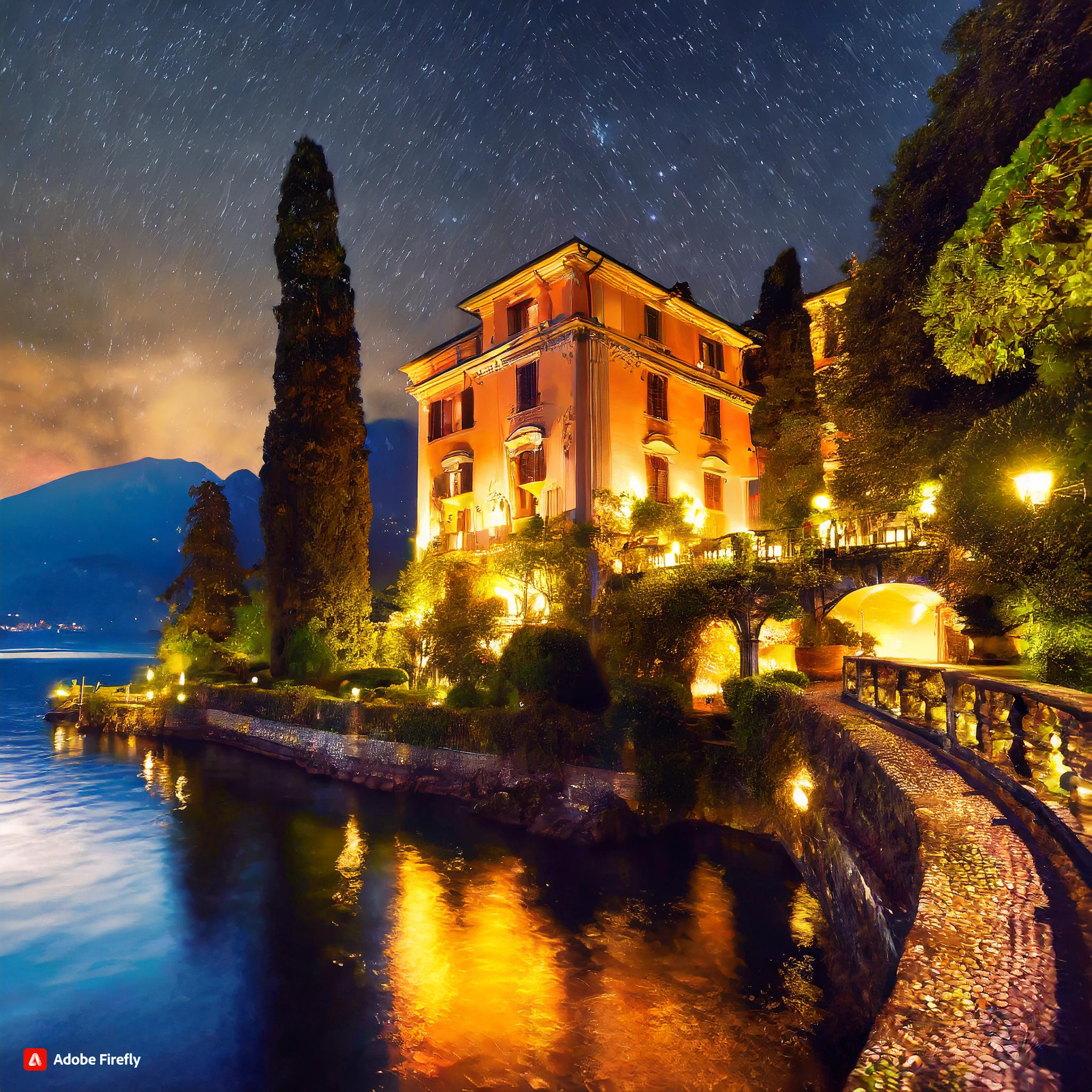 Firefly Villa del Balbianello, Lake Como, Italy, cool summer night, lights, night sky.